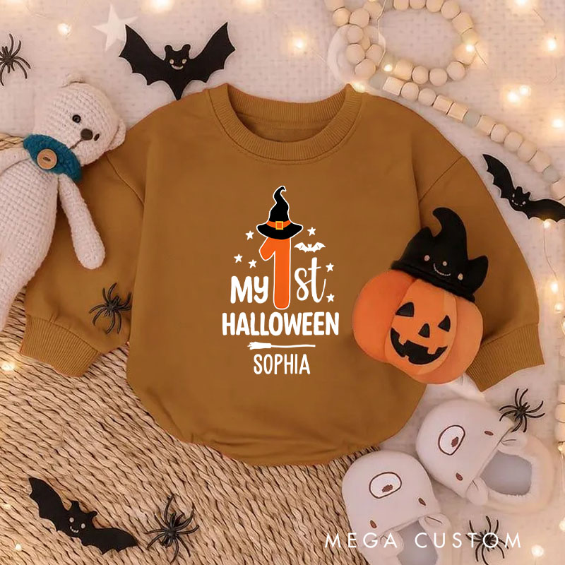 Personalized My First Halloween Baby Bodysuit with Witch Hat and Stars for Baby’s Special Celebration