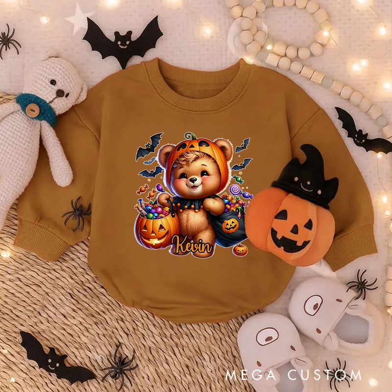 Personalized Halloween Animel Baby Bodysuit with Colorful Costume and Candy Design Featuring Name for Cute Celebrations