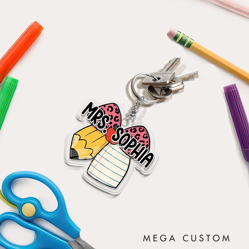 Personalized Teacher Acrylic Keychain with Pencil Bow Design Teacher Appreciation Gift Favorite Educator Backpack Tag Gift