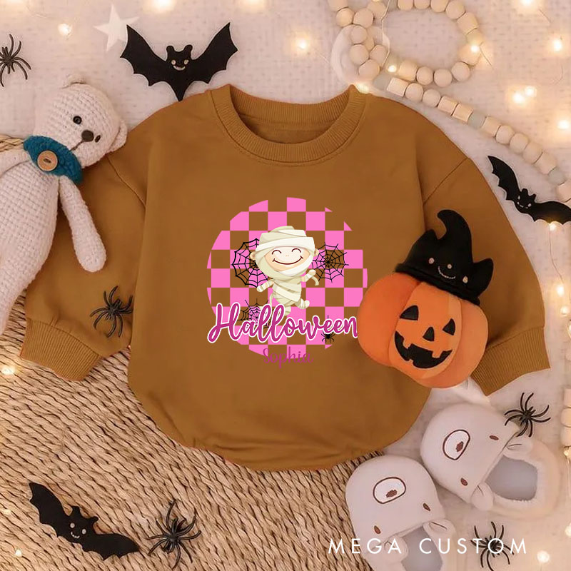 Personalized Halloween Monster Baby Bodysuit with Checkered Background for a Spooky and Cute Celebration