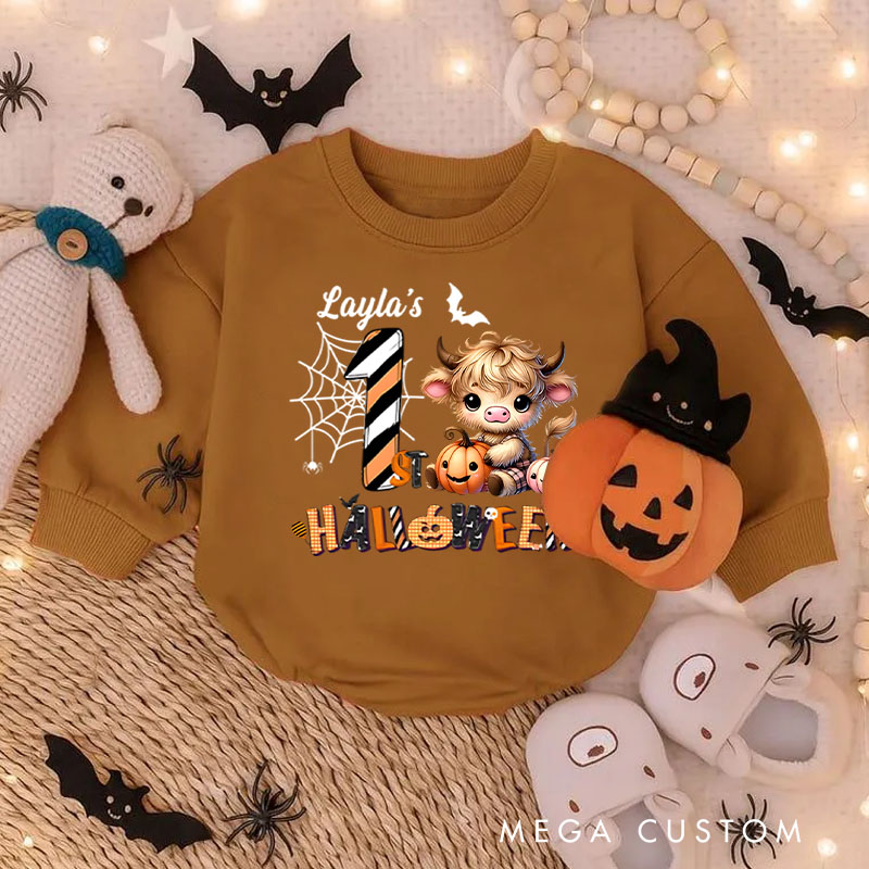 Personalized Spider Web and Pumpkin Design for Baby's First Halloween Celebration Baby Bodysuit