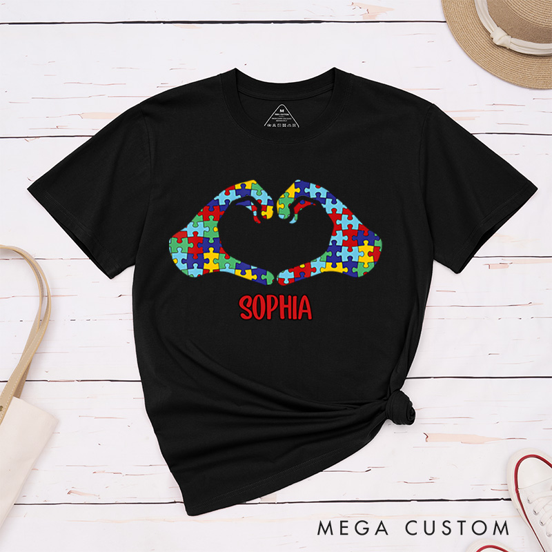Personalized Heart LOVE Hands Puzzle Autism Awareness T-Shirt Mental Health Gift