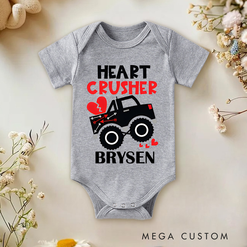 Personalized Heart Crusher Truck Valentine's Baby Onesie Gift for New Baby