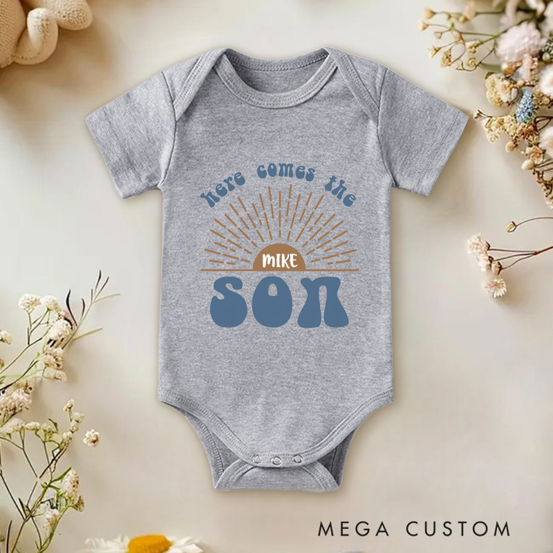 Personalized Here Comes The Son Baby Onesie Retro Announcement Gift