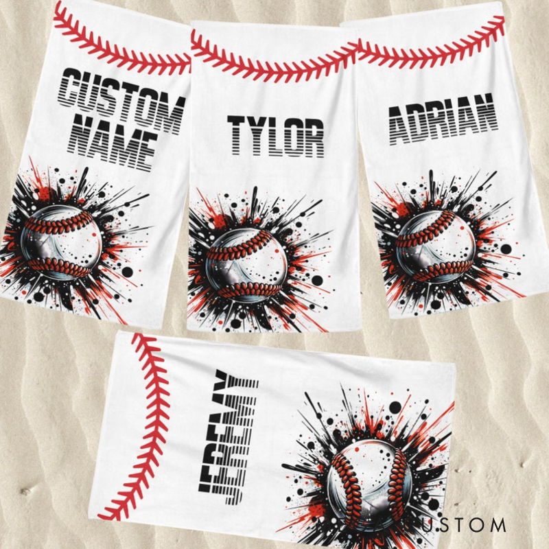 Personalized Baseball Beach Towel with Custom Name Number and Bold Baseball Design Perfect for Fans and Players