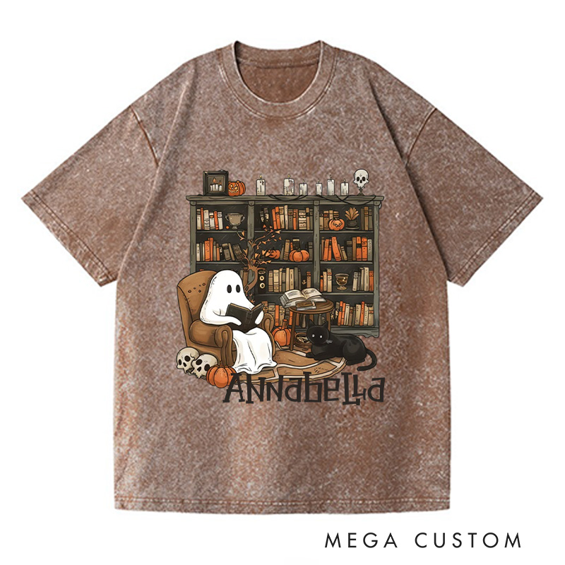 Personalized Retro Ghost Reading Books Washed T-Shirts Book Lover Shirt with Name Halloween Shirt Halloween Gifts Librarian Ghost Shirt