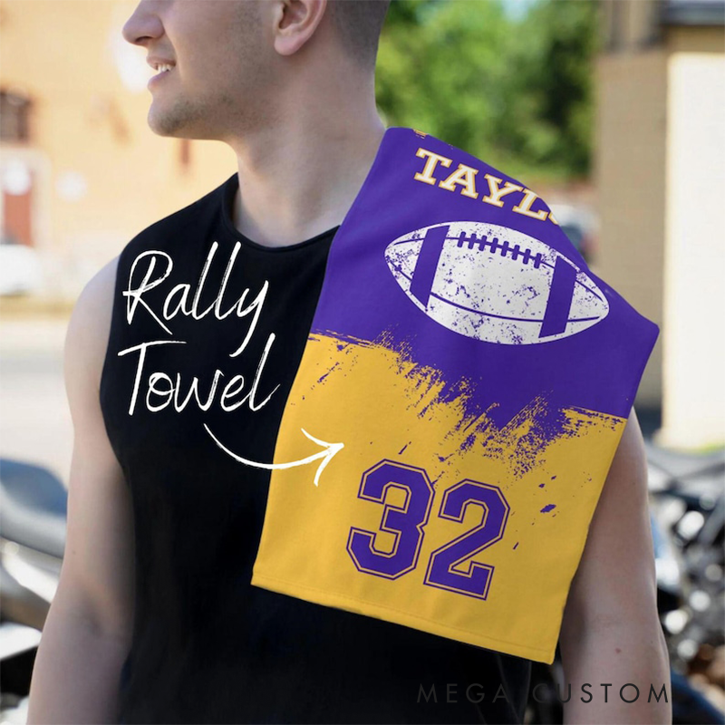 Personalized Football Beach Towel with Custom Name Number and Bold Dynamic Football Design Perfect for Fans Players and Outdoor Activities