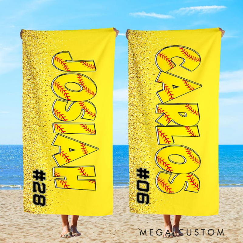 Personalized Softball Beach Towel with Custom Name Number Glitter Effect and Bold Yellow Design Perfect for Players Fans and Outdoor Activities
