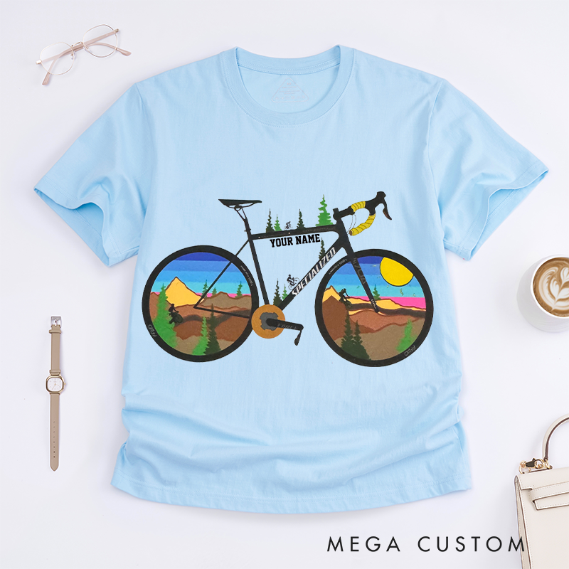 Personalized Scenic Bicycle T-Shirt with Vibrant Landscape Scenes in the Wheels for Outdoor Adventures Riding Cycling Biking Enthusiasts