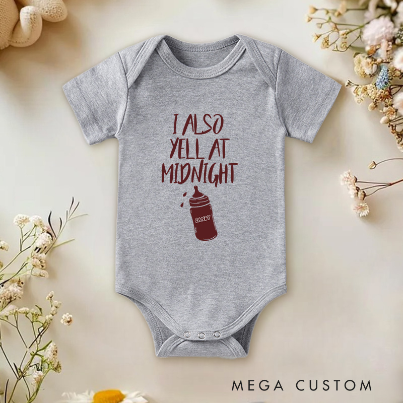 Personalized I Also Yell at Midnight Funny and Playful Baby Bottle Baby Onesie