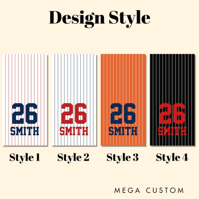 Personalized Baseball Beach Towel with Custom Name Number and Classic Pinstripe Design for Players and Fans