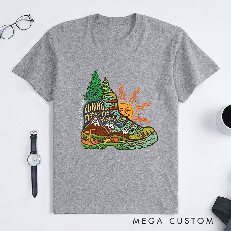 Personalized Hiking Makes Me Happy  T-Shirt Exploring Scenery Camping Adventure T-Shirt for Nature Travelers Outdoors Lover Gift