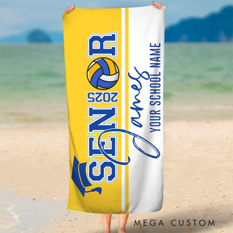 Personalized Senior 2025 Sports Beach Towel with Custom Name School Name Graduation Cap Design and Choice of Sports Ball