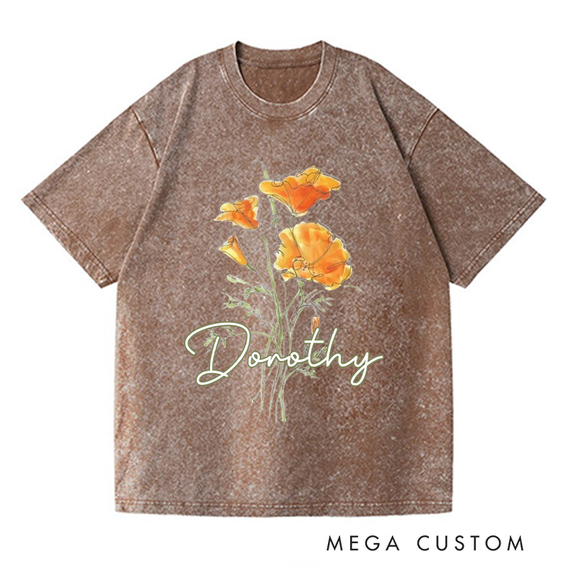 Personalized Golden Poppy Washed T-Shirts Wildflower Shirt Plant Lover Shirt Botanical Shirt California Poppy T shirt Gardening Lover Gift