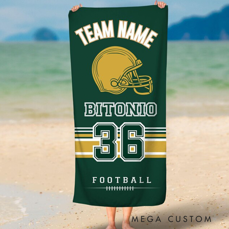 Personalized Football Beach Towel with Custom Team Name Player Name Jersey Number and Helmet Graphic Design