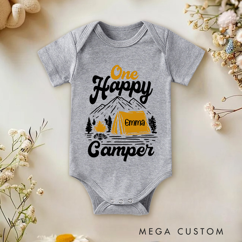 Personalized One Happy Camper Tent and Mountain Baby Onesie