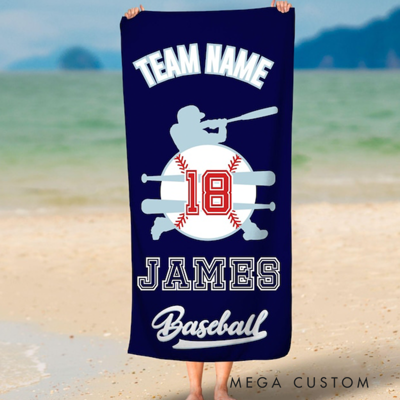 Personalized Baseball Beach Towel with Custom Team Name Player Name Number and Stylish Design