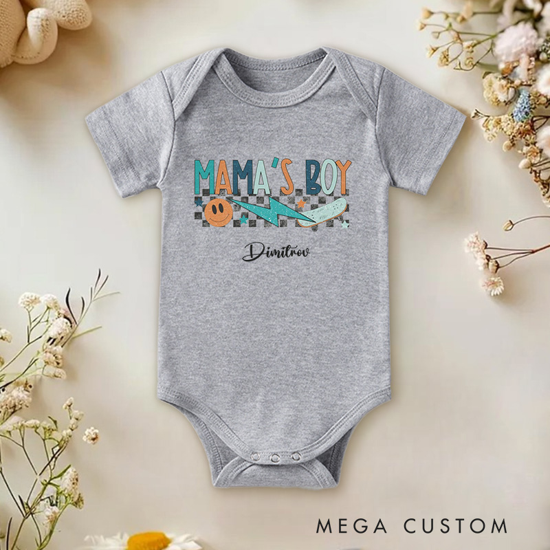 Personalized Mama’s Boy Retro Checkered Design Celebrating the Bond with Mom Baby Onesie
