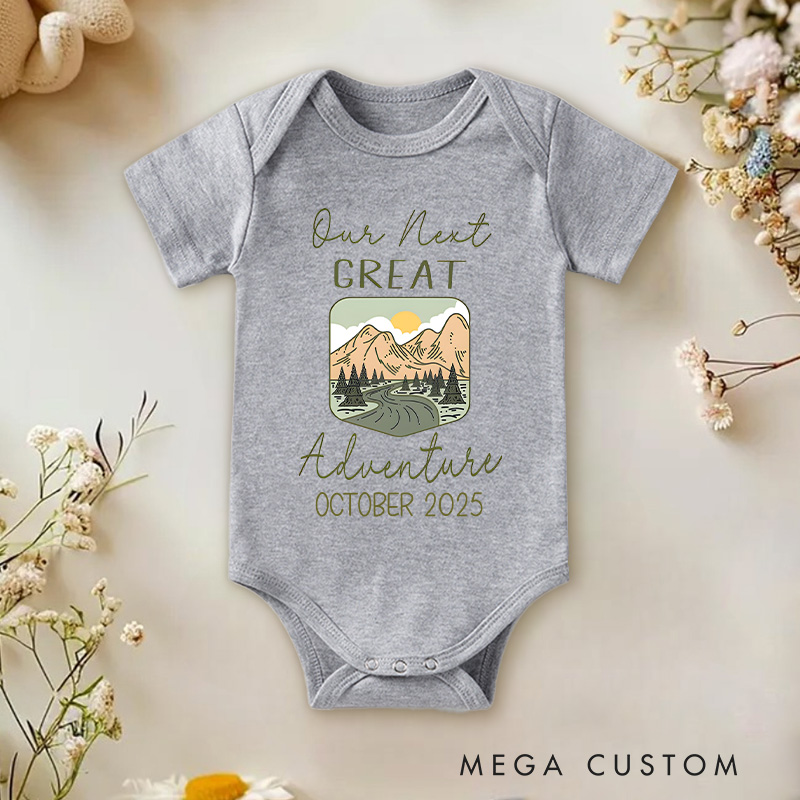 Personalized Our Next Great Adventure Mountain Scene Baby Onesie Funny Baby Gift