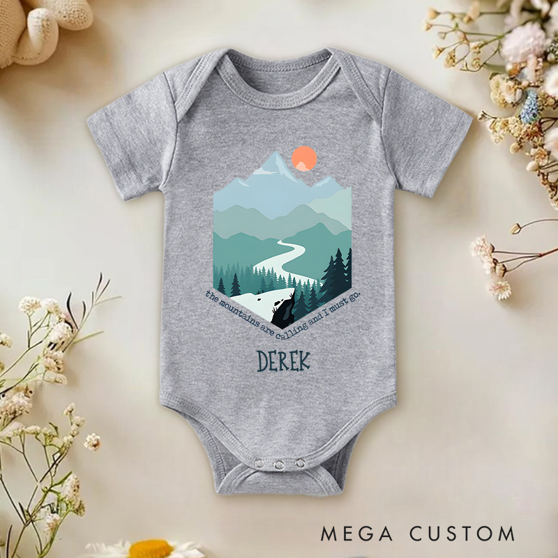 Personalized Derek Mountain and Path Adventure Art Baby Onesie Travel Baby Gift