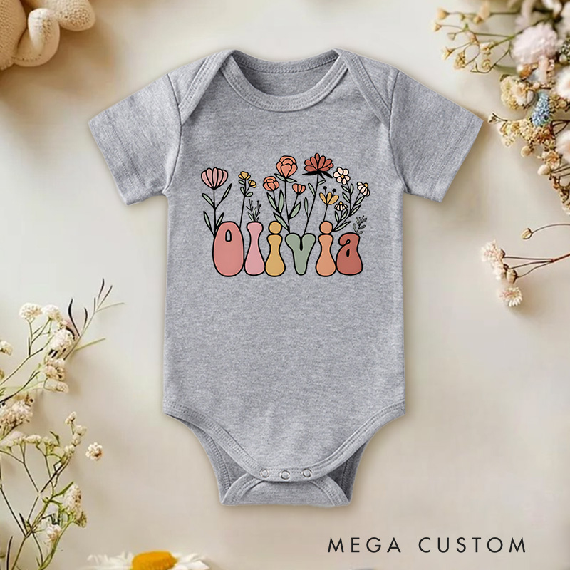 Personalized Floral Groovy Lettering Baby Onesie Baby Shower Gift
