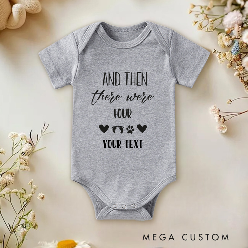 Personalized And Then There Were Four Family Addition with Footprints Baby Onesie  