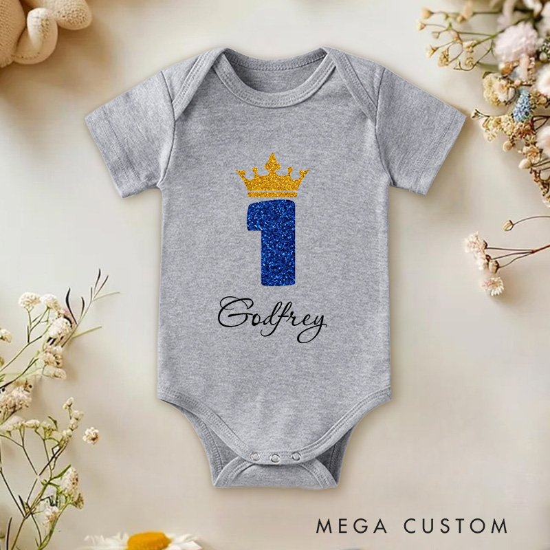 Personalized Number One with Crown Sparkly and Royal Birthday Celebration Baby Onesie  
