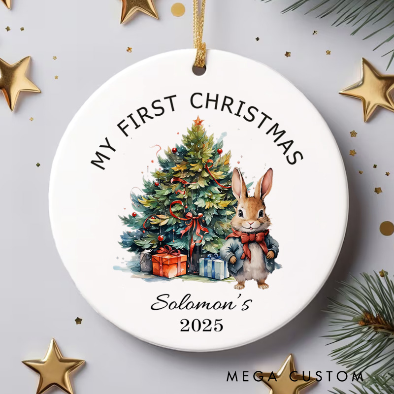Personalized Festive Bunny with Decorated Christmas Tree Baby Christmas Ornament Baby Shower Gift