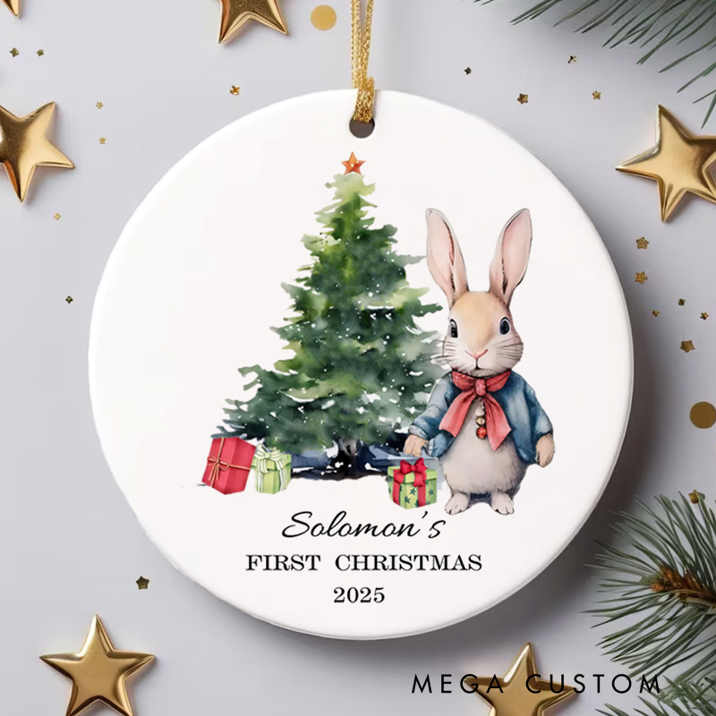 Personalized Baby's First Christmas Rabbit and Holiday Tree Baby Christmas Ornament Unisex Newborn Baby Gift