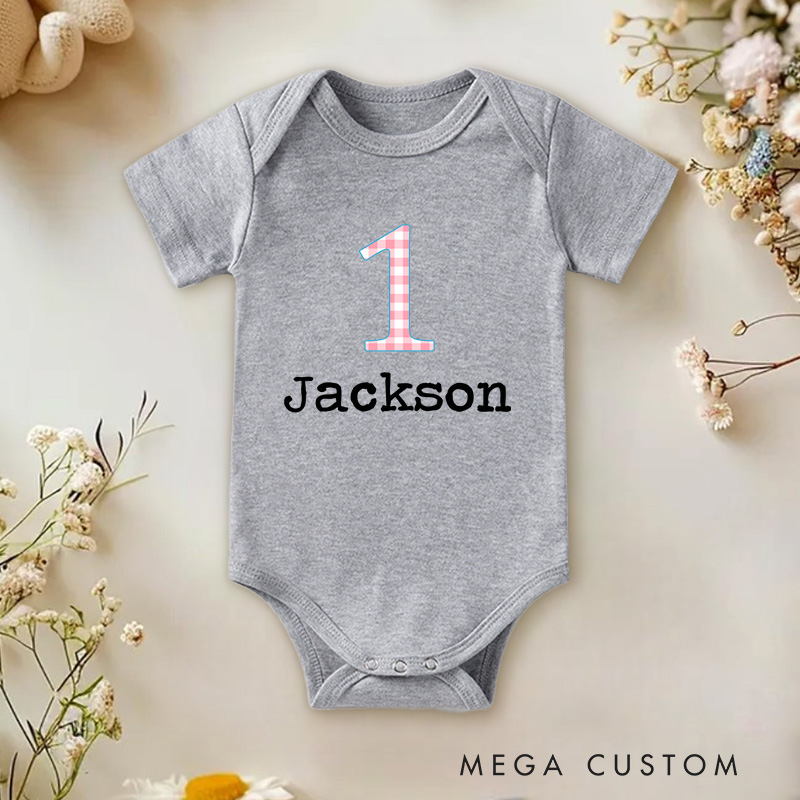 Personalized Number One Checkered Birthday Celebration Baby Onesie  