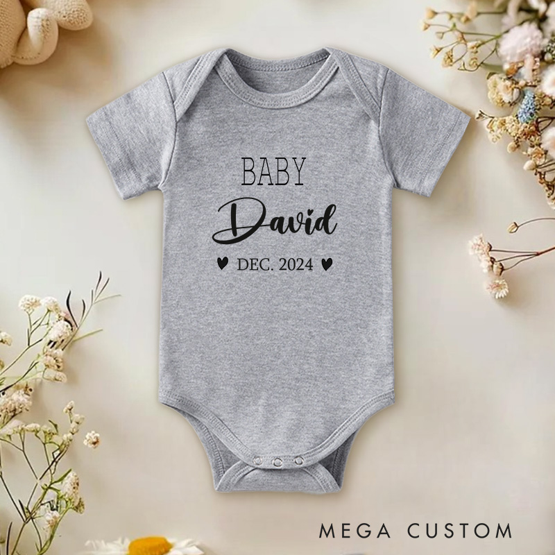 Personalized Baby Name and Date Elegant and Heartfelt Birth Announcement Baby Onesie  