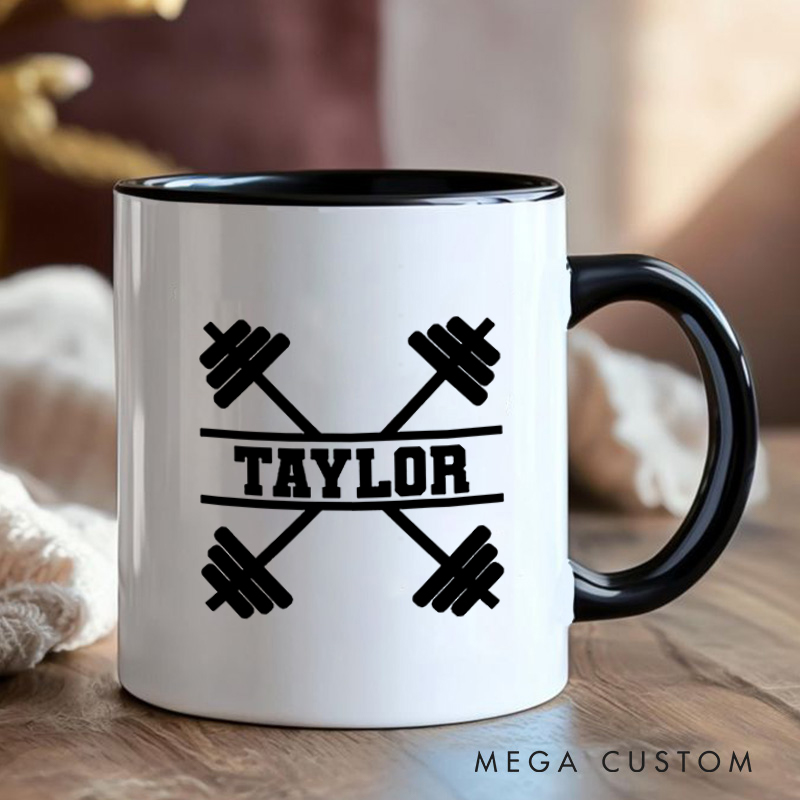 Personalized Fitness Mug with Crossed Dumbbell Design Gift Motivational Coffee Cup for Fitness Enthusiasts Bodybuilders and Gym Lovers