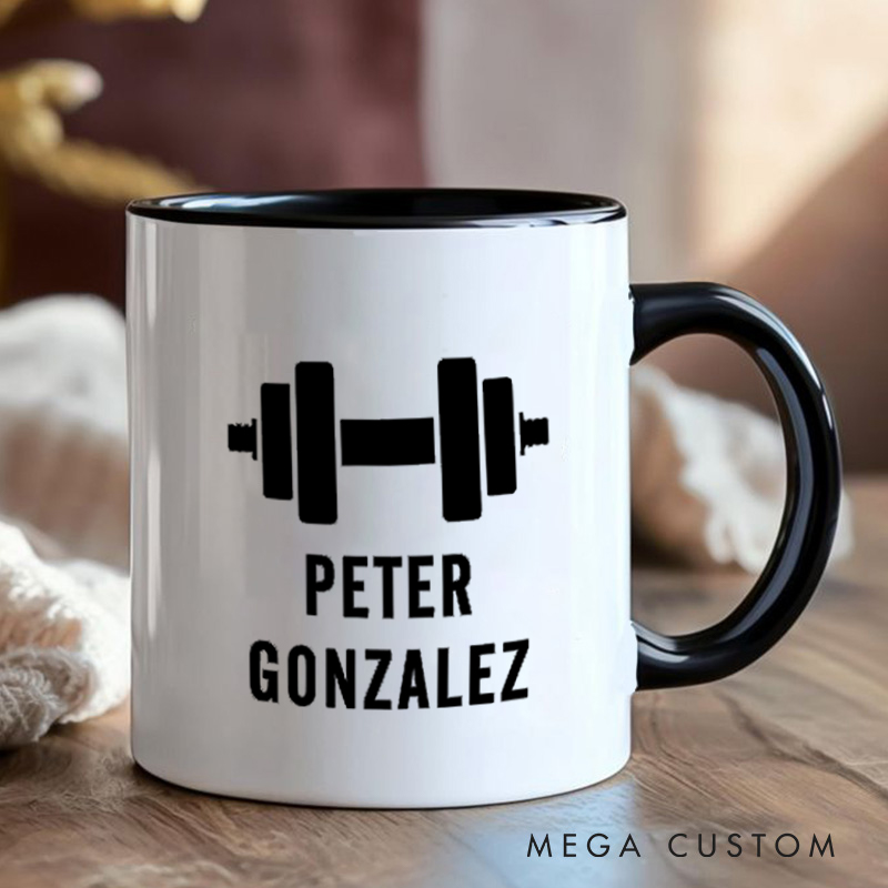 Personalized Fitness Mug with Dumbbell Graphic Gift Motivational Coffee Cup for Fitness Enthusiasts Bodybuilders and Gym Lovers