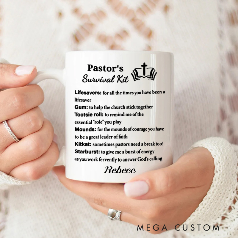 Personalized Pastor's Survival Kit Ceramic Mug with Name Gift for Pastor Custom Coffee Cup Pastor Appreciation Gift Retirement Gift Anniversary Gift