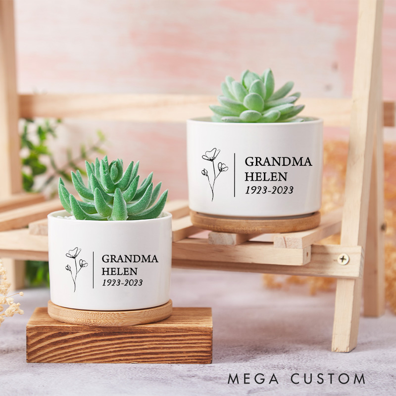  Personalized Memorial Planter for Loss of Loved One Custom Name Memorial Ceramic Plant Pot with Bamboo Tray Sympathy Gifts Remembrance Gifts