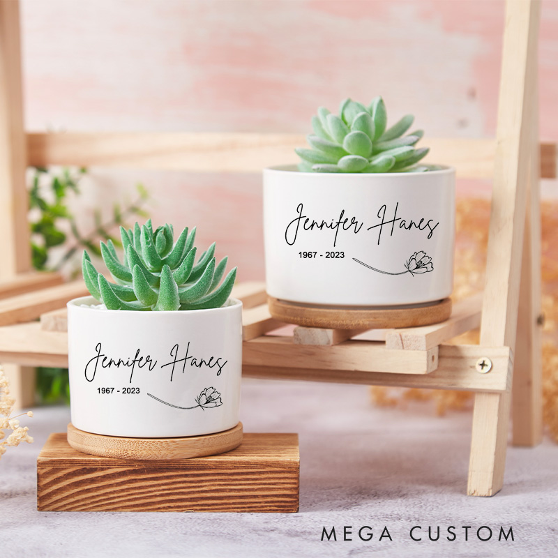 Personalized Memorial Planter for Loss of Loved One Custom Name Memorial Ceramic Plant Pot with Bamboo Tray Sympathy Gifts Celebration of Life