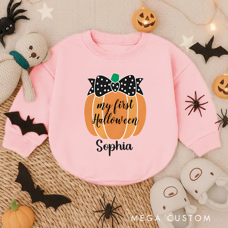 Personalized My First Halloween Pumpkin Baby Bodysuit with Bow Accent