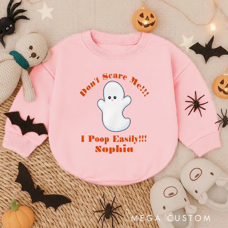 Personalized Funny Ghost Baby Bodysuit with Don’t Scare Me I Poop Easily Halloween Humor