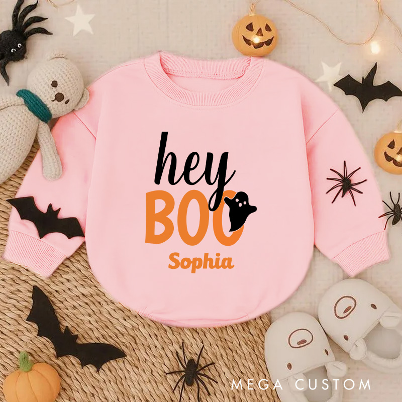 Personalized Hey Boo Orange Black Funny Halloween Ghost Baby Bodysuit