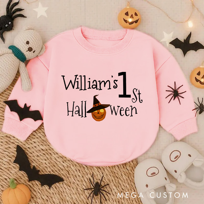 Personalized Baby's First Halloween Baby Bodysuit with Witch Hat and Pumpkin Details