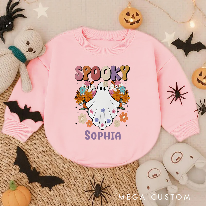 Personalized Spooky Baby Bodysuit with Ghost and Fall Leaves for a Festive Look