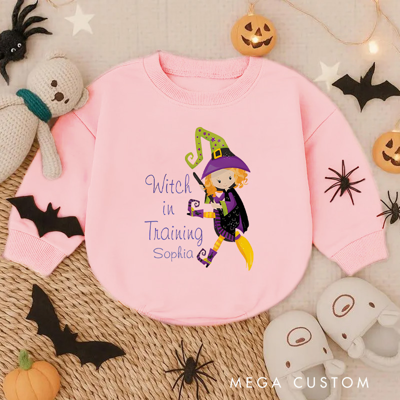 Personalized Witch in Training Baby Bodysuit Featuring Cute Witch Illustration for Halloween Fun