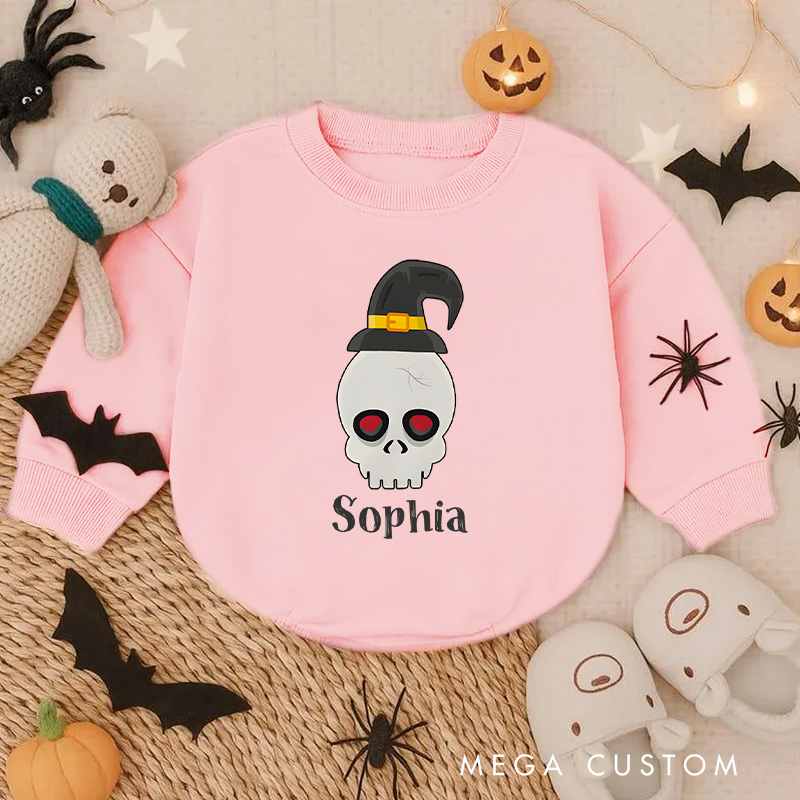 Personalized Skull Baby Bodysuit with Halloween Hat Perfect for Spooky Celebrations