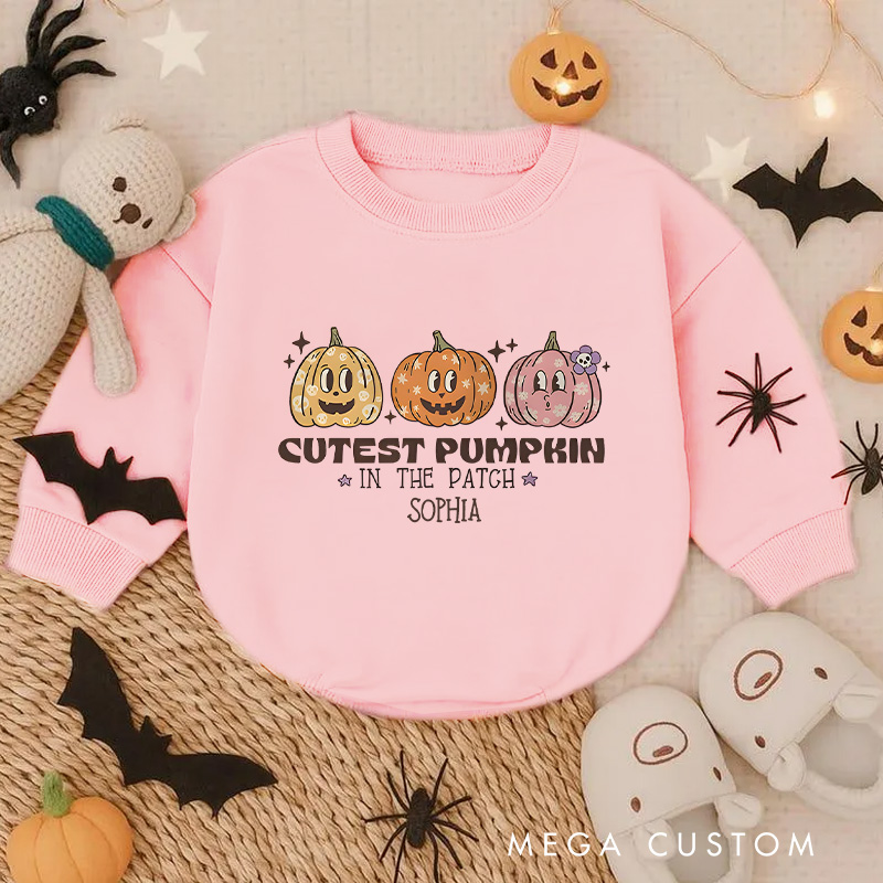 Personalized Cutest Pumpkin in the Patch Baby Bodysuit with Adorable Pumpkin Trio Illustration