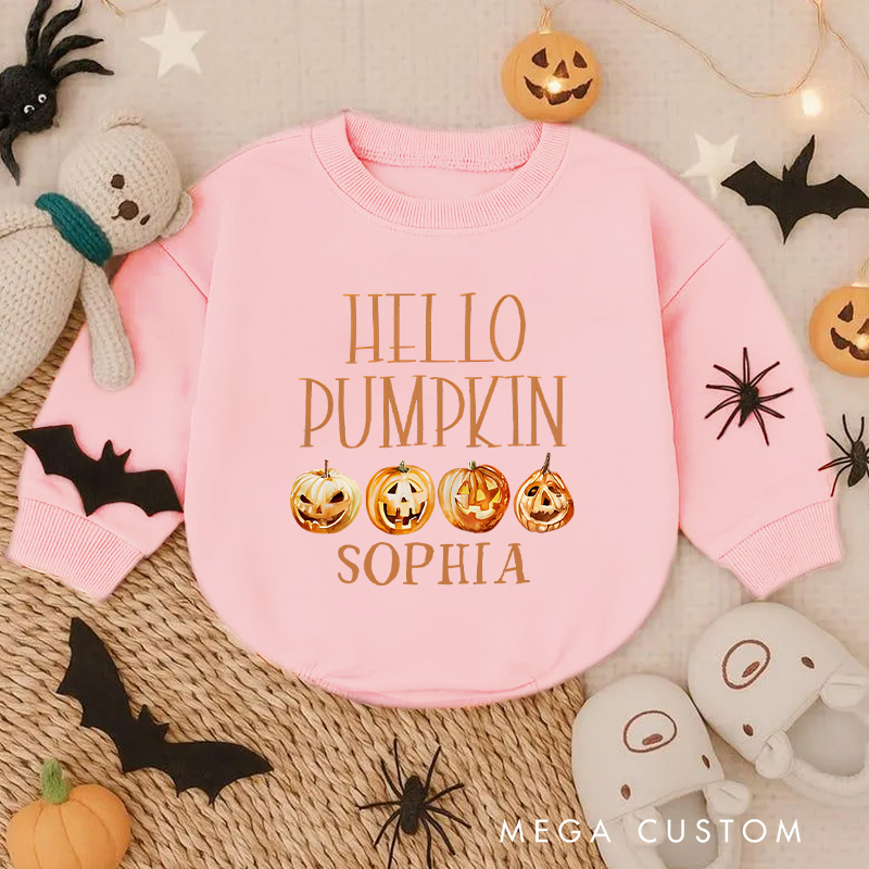Personalized Hello Pumpkin Baby Bodysuit with Colorful Pumpkins for a Sweet Fall Celebration