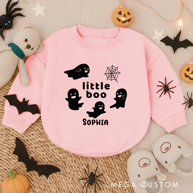 Personalized Little Boo Baby Bodysuit with Playful Ghosts and Spider Web for Halloween Fun