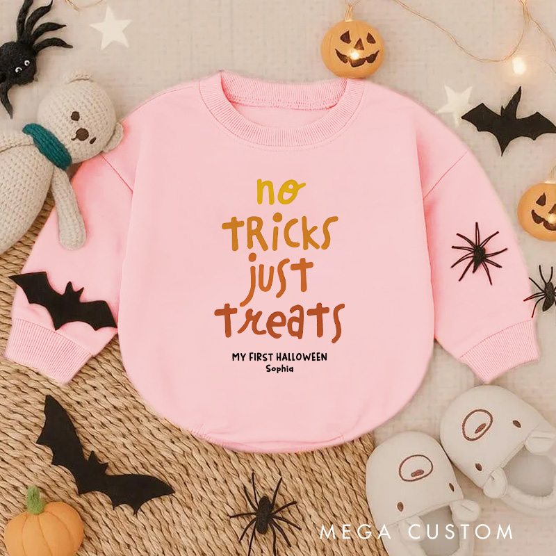 Personalized No Tricks Just Treats Baby Bodysuit Featuring Festive Text and Customizable Name