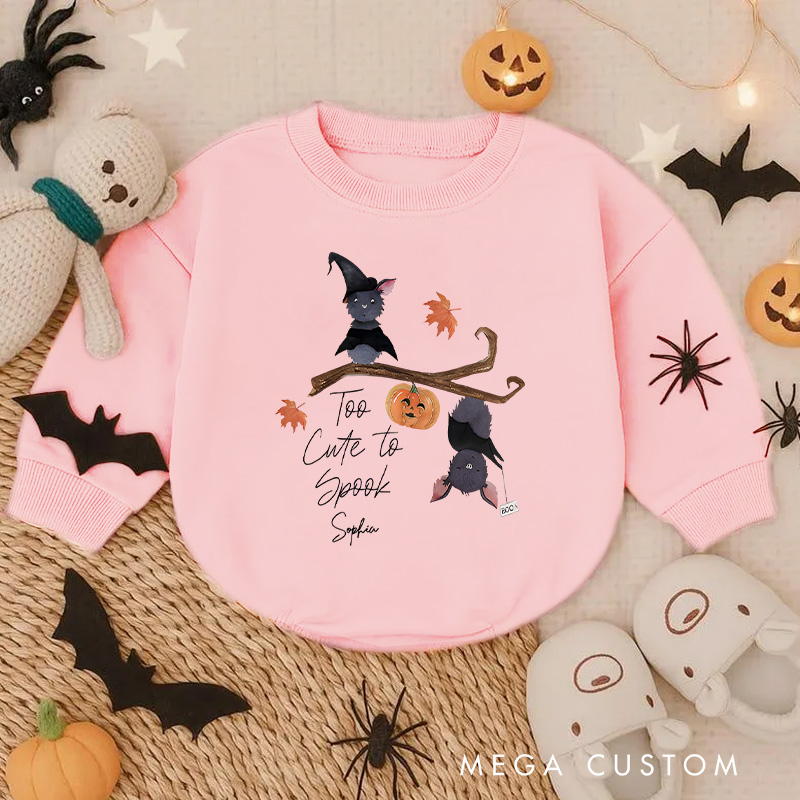 Personalized Too Cute to Spook Baby Bodysuit Featuring Adorable Bats and Pumpkins for Halloween