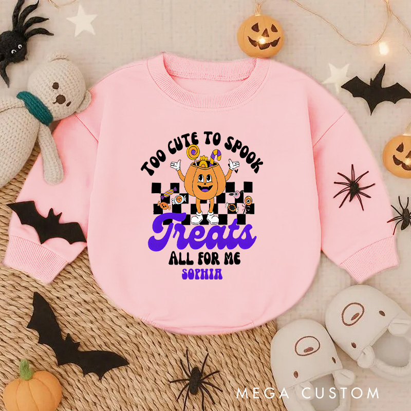 Personalized Too Cute to Spook Treats All for Me Baby Bodysuit with Pumpkin Character Design