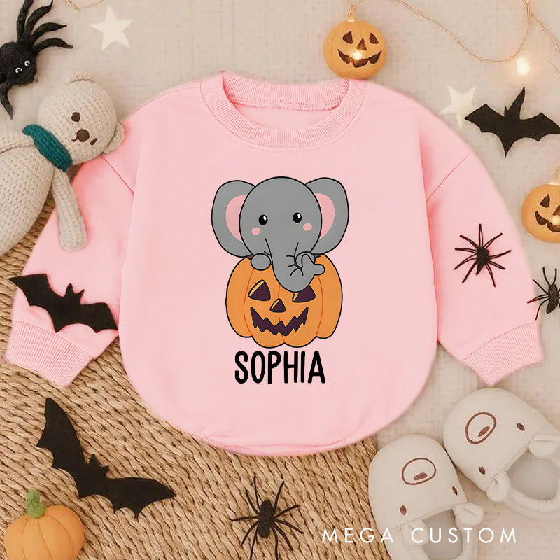 Personalized Elephant In Pumpkin Cute Elephant Happy Halloween Baby Bodysuit